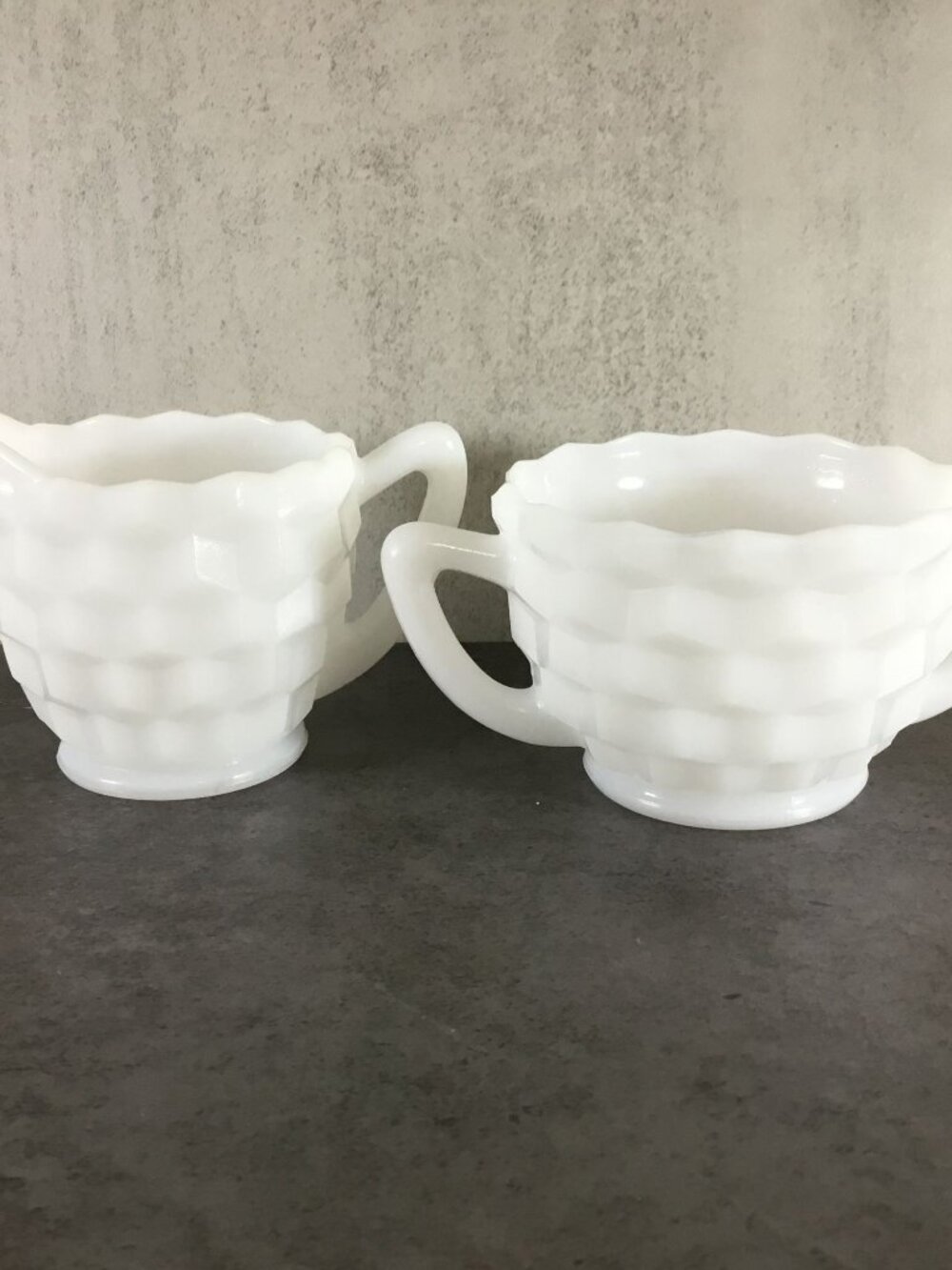 Hazel Atlas Cubed Cream and Sugar Set Vintage White Cubist Pattern